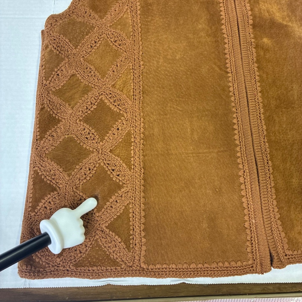 Lisa International Suede Knit Vest Womens XL Brown Crochet Zip Front Vintage 70s - Picture 4 of 13